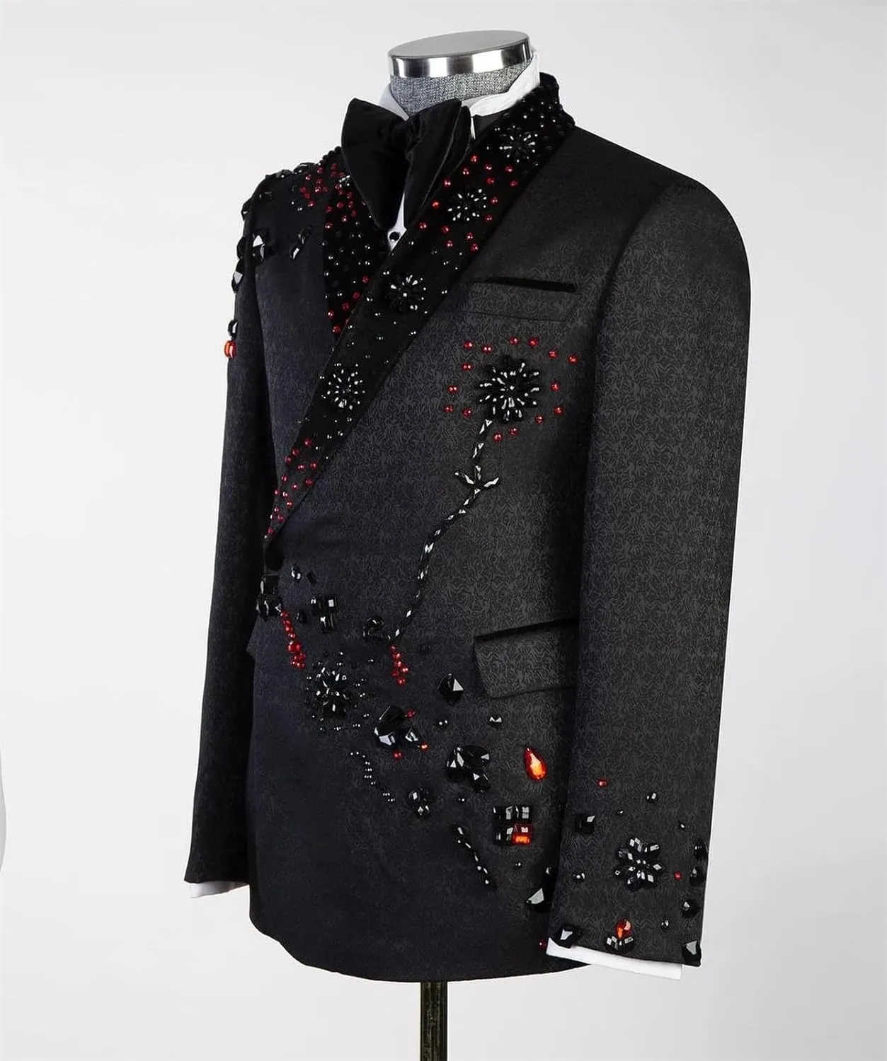 Mens Black Suits Beads Crystal Paisley 2 Piece Slim Fit Blazer Jacket Pants Tuxedo Set for Dinner,Prom,Wedding