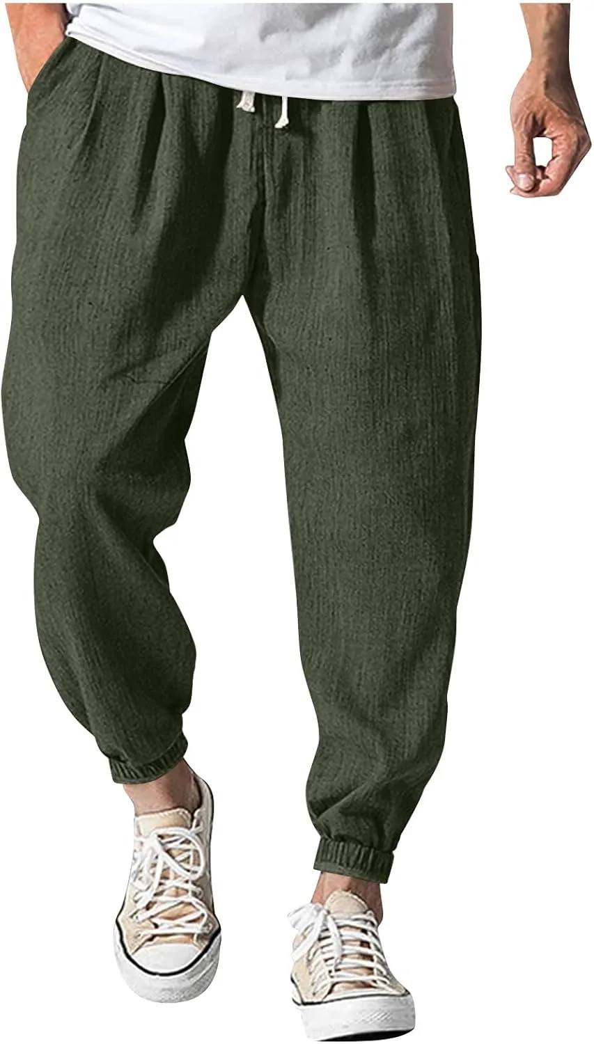 Men's Casual Loose and Comfortable Casual Pants Cotton Linen Buttons Trousers
