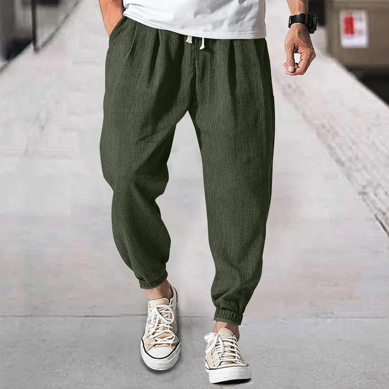 Men's Casual Loose and Comfortable Casual Pants Cotton Linen Buttons Trousers