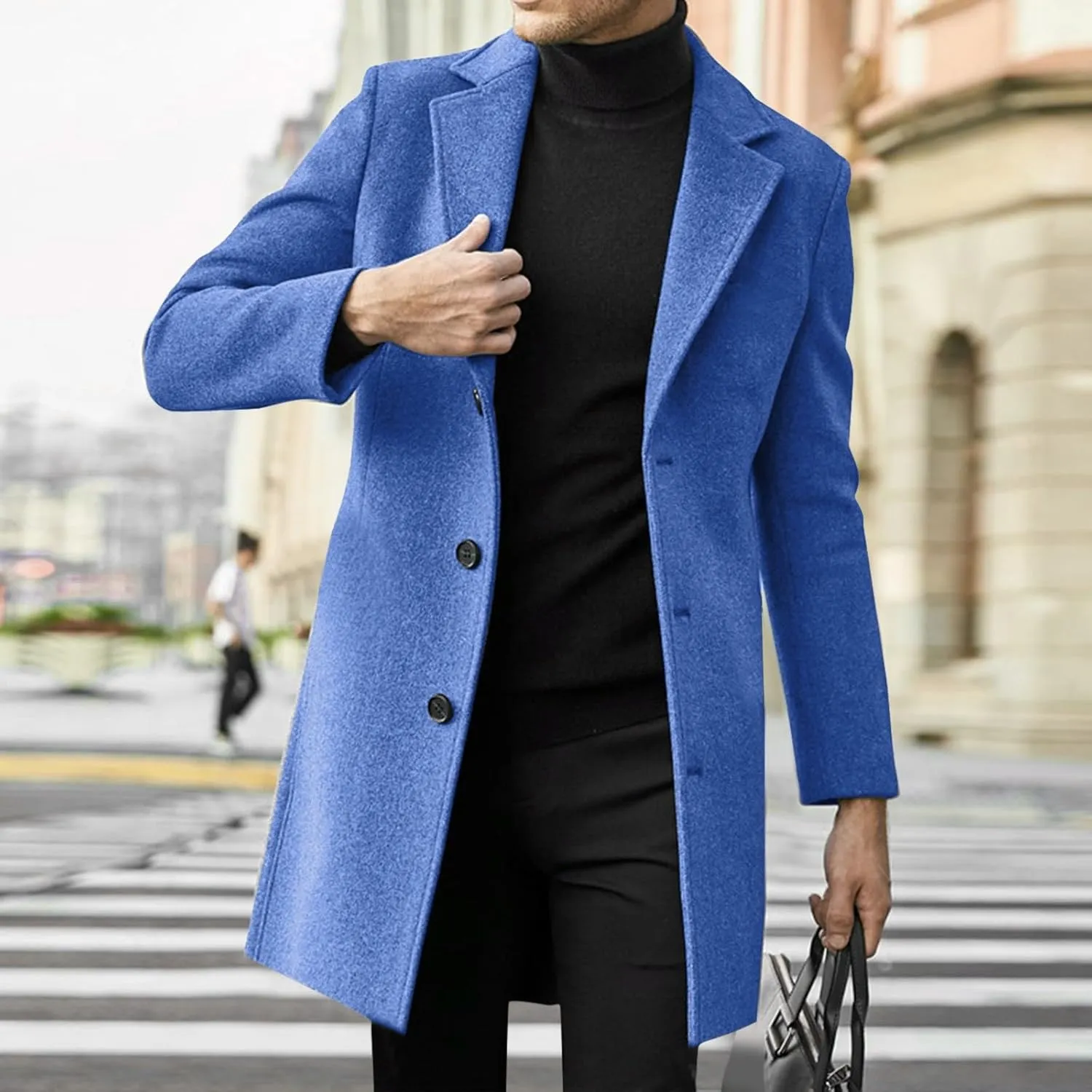 Mens Casual Trench Coat Notched Collar Single Breasted Business Overcoat Winter Warm Wool Blend Peacoat