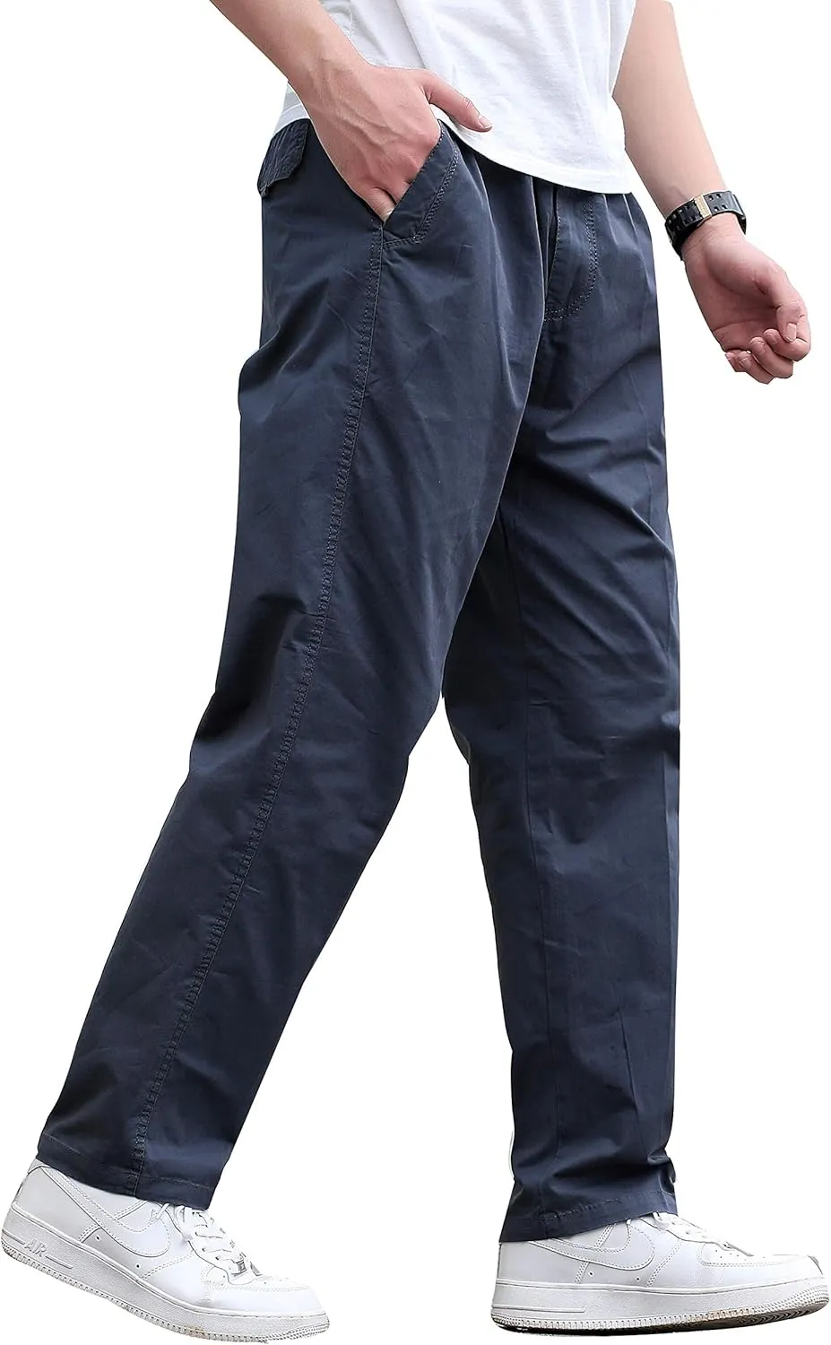 Men's Cotton Lightweight Twill Relaxed Fit Elastic Waist Pant with Pockets