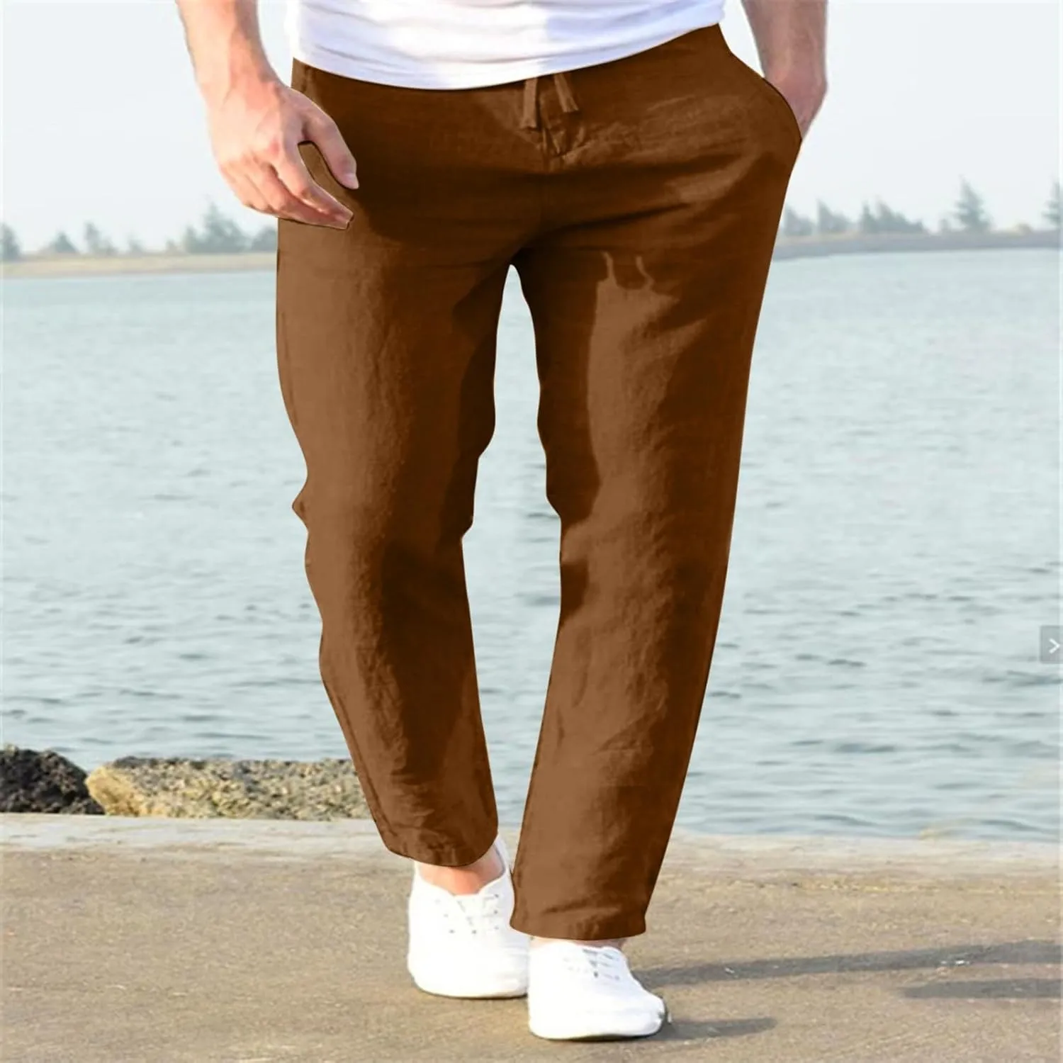 Mens Lightweight Casual Pants Summer Casual [Ants Drawstring Elastic Waist Solid Color Breathable Pants