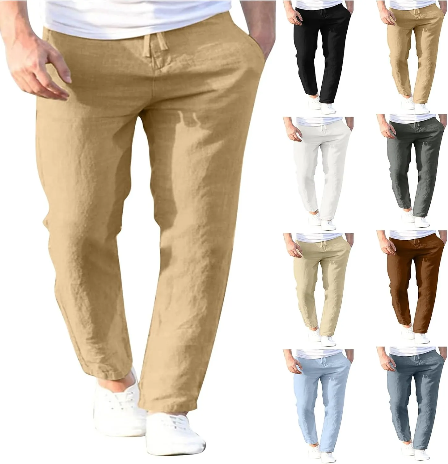 Mens Lightweight Casual Pants Summer Casual [Ants Drawstring Elastic Waist Solid Color Breathable Pants