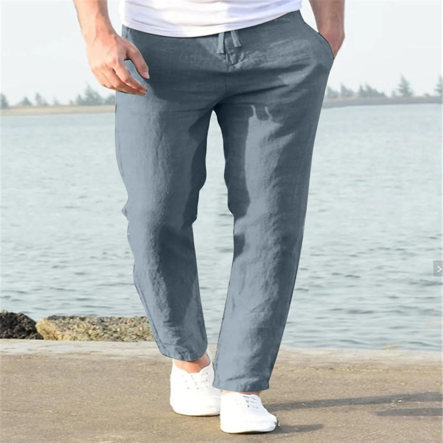 Mens Lightweight Casual Pants Summer Casual [Ants Drawstring Elastic Waist Solid Color Breathable Pants
