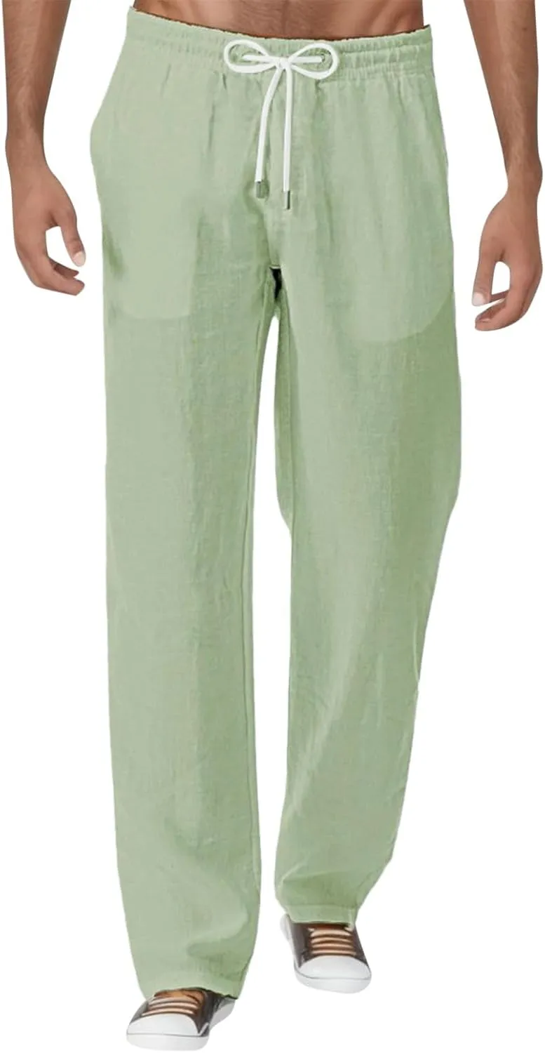 Mens Summer Casual Pants Drawstring Waist Straight Leg Pants Baggy Lightweight Comfy Trousers Pockets 2025 Trendy