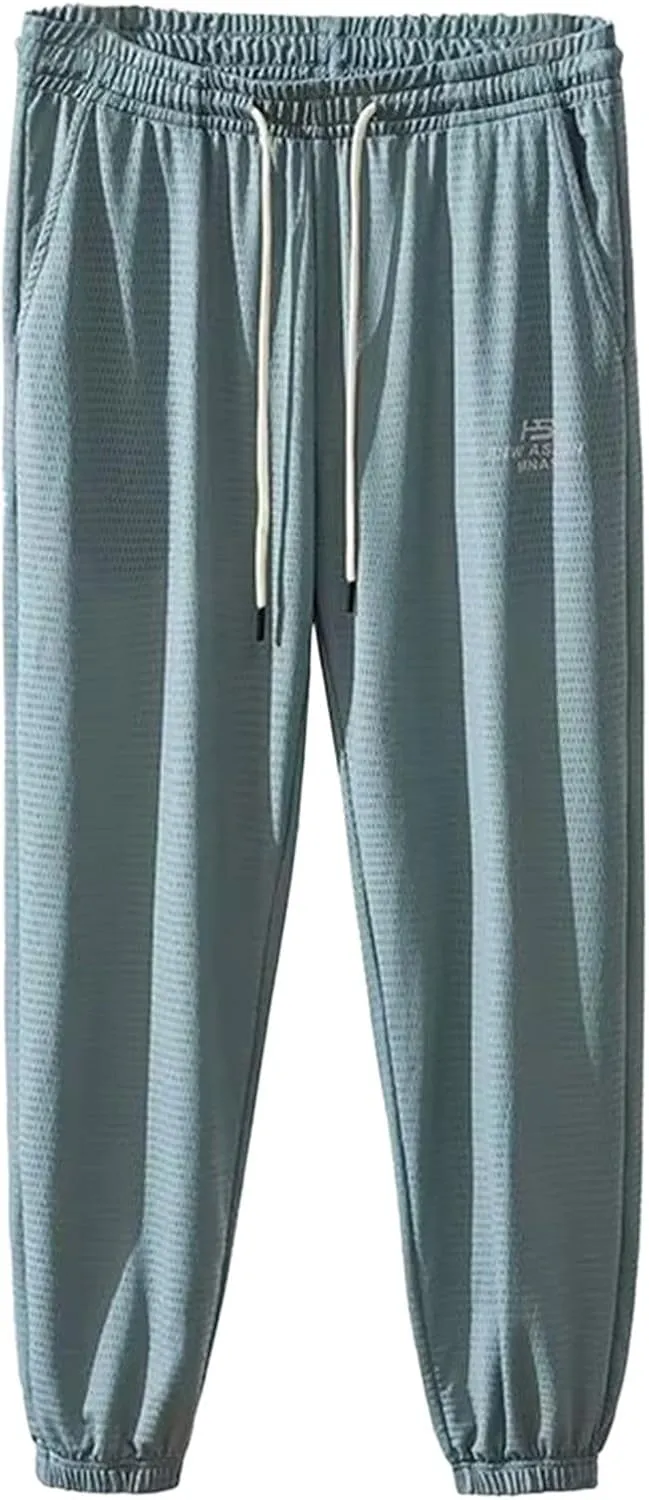 Men's Summer Pants Solid Color Elastic Waist Drawstring Pocket Slim Leg Comfortable Loose Elasticity Trendy Trousers