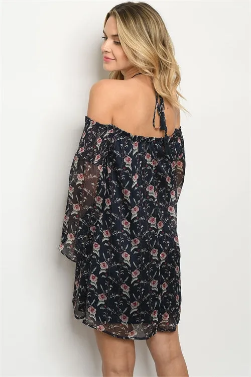 Navy Blue Floral Boho Cold Shoulder Dress