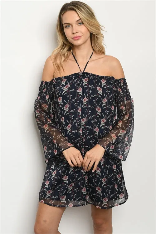 Navy Blue Floral Boho Cold Shoulder Dress