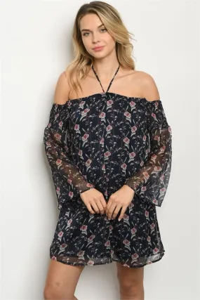 Navy Blue Floral Boho Cold Shoulder Dress