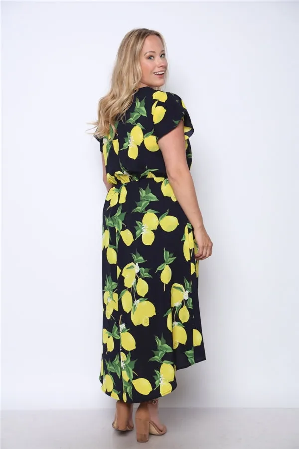 Navy Blue Lemon Print High Low Plus Size Maxi Dress