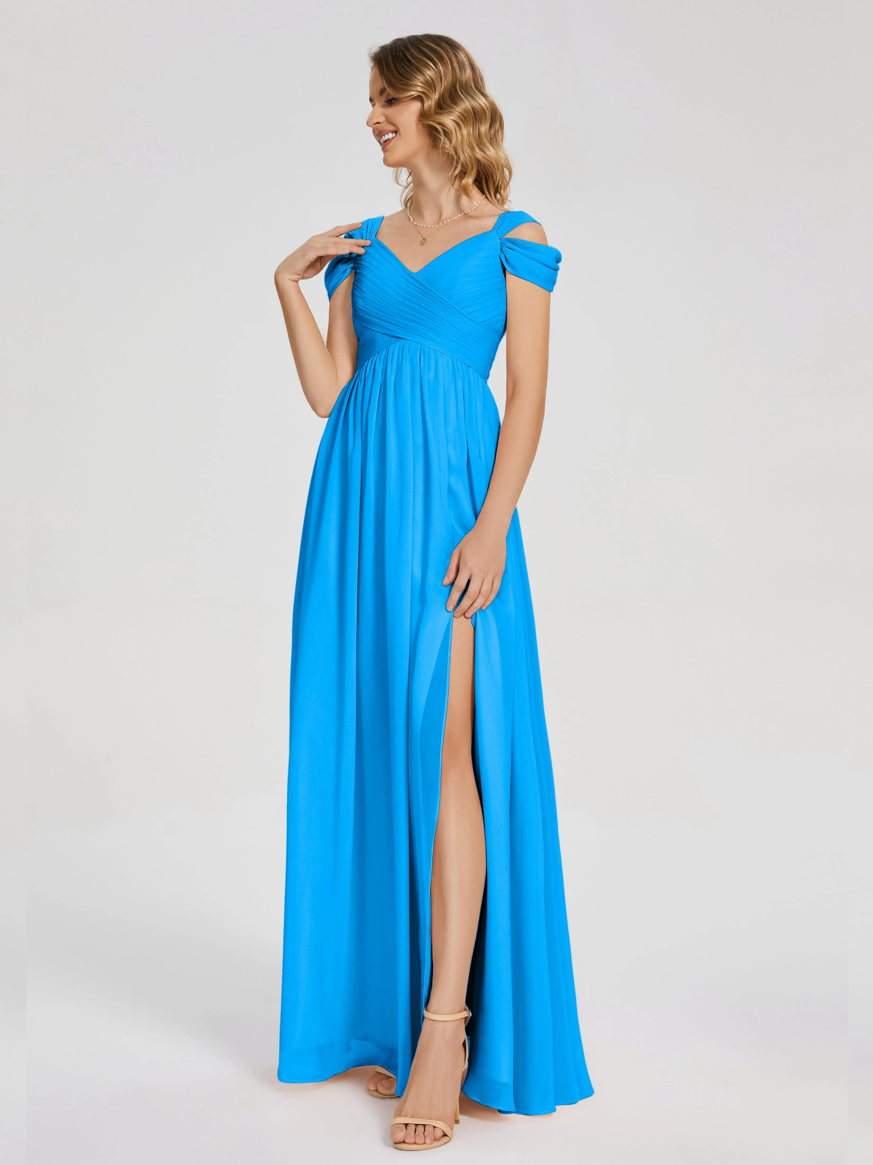 Ocean Blue Bridesmaid Dresses Charlee Flowy Split Chiffon Bridesmaid Dresses