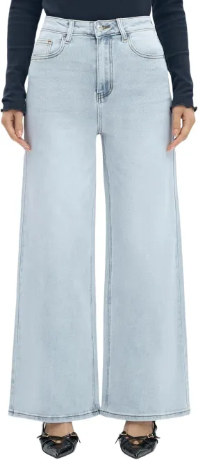 ONESO Mid-Low Rise Baggy Jeans Wide Leg for Women Distressed Pants Stretchy Bottom Lady Basic Comfortable Denim