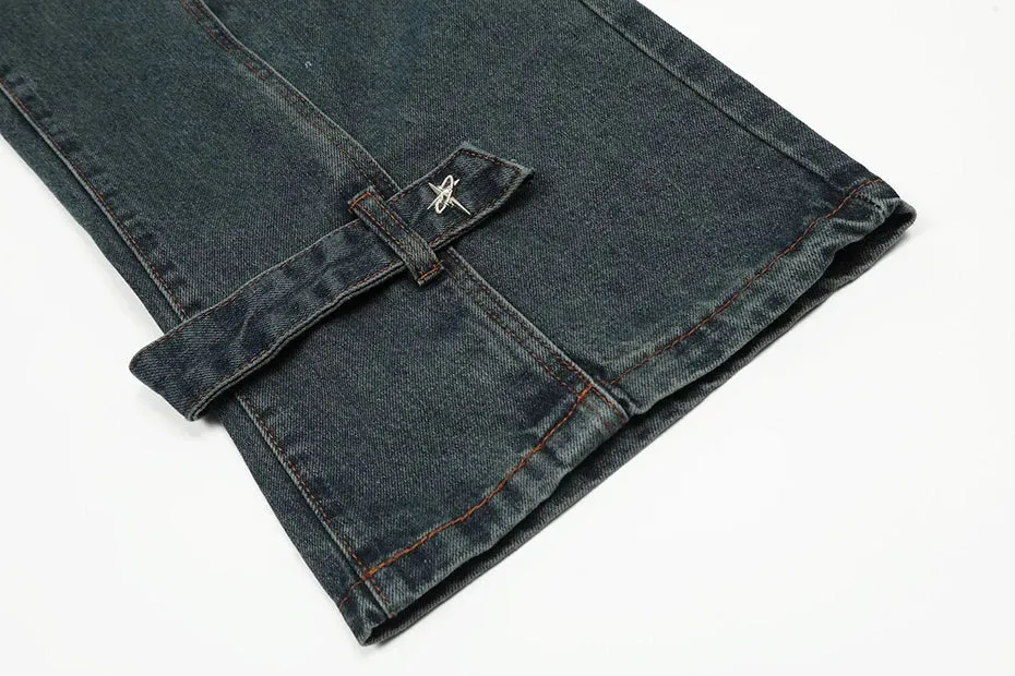 'Orbital' Strapped Cuff Stacked Denim Jeans
