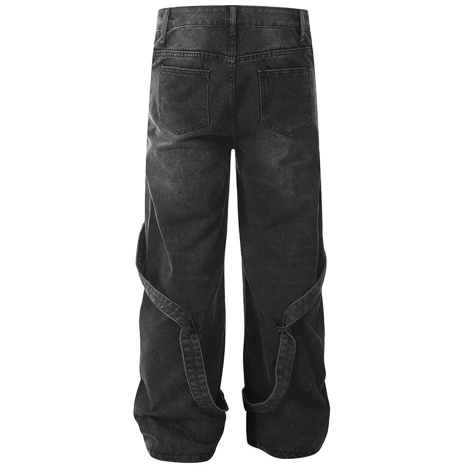 'Orbital' Strapped Cuff Stacked Denim Jeans