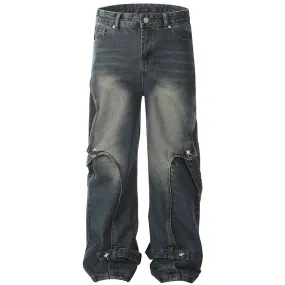 'Orbital' Strapped Cuff Stacked Denim Jeans