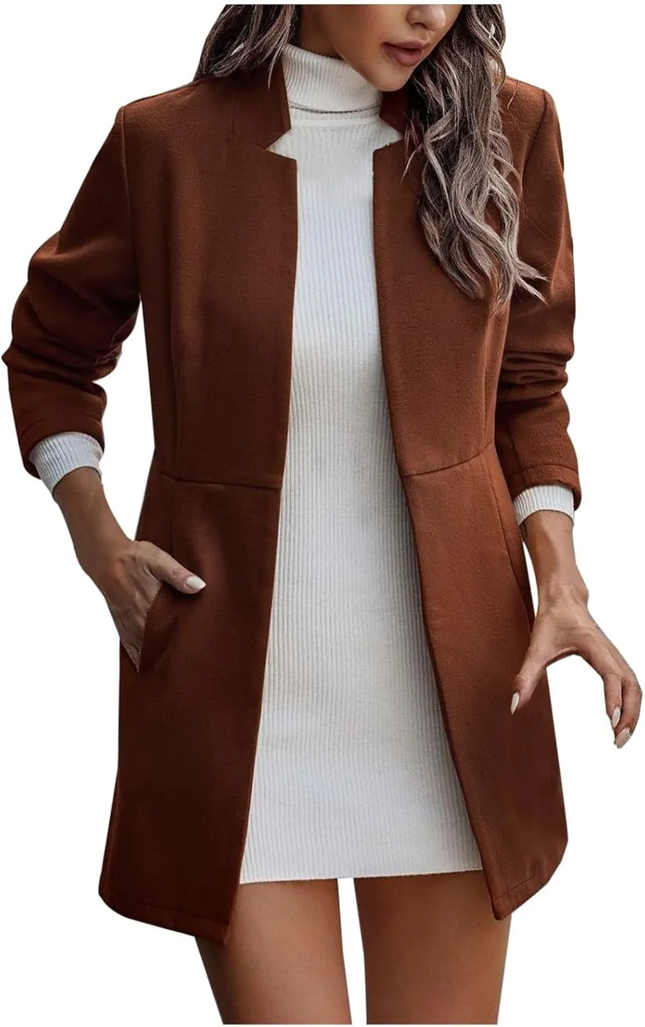Pea Coats for Women Stand Collar Open Front Trench Coat Casual Winter Warm Mid Long Cardigan Overcoat