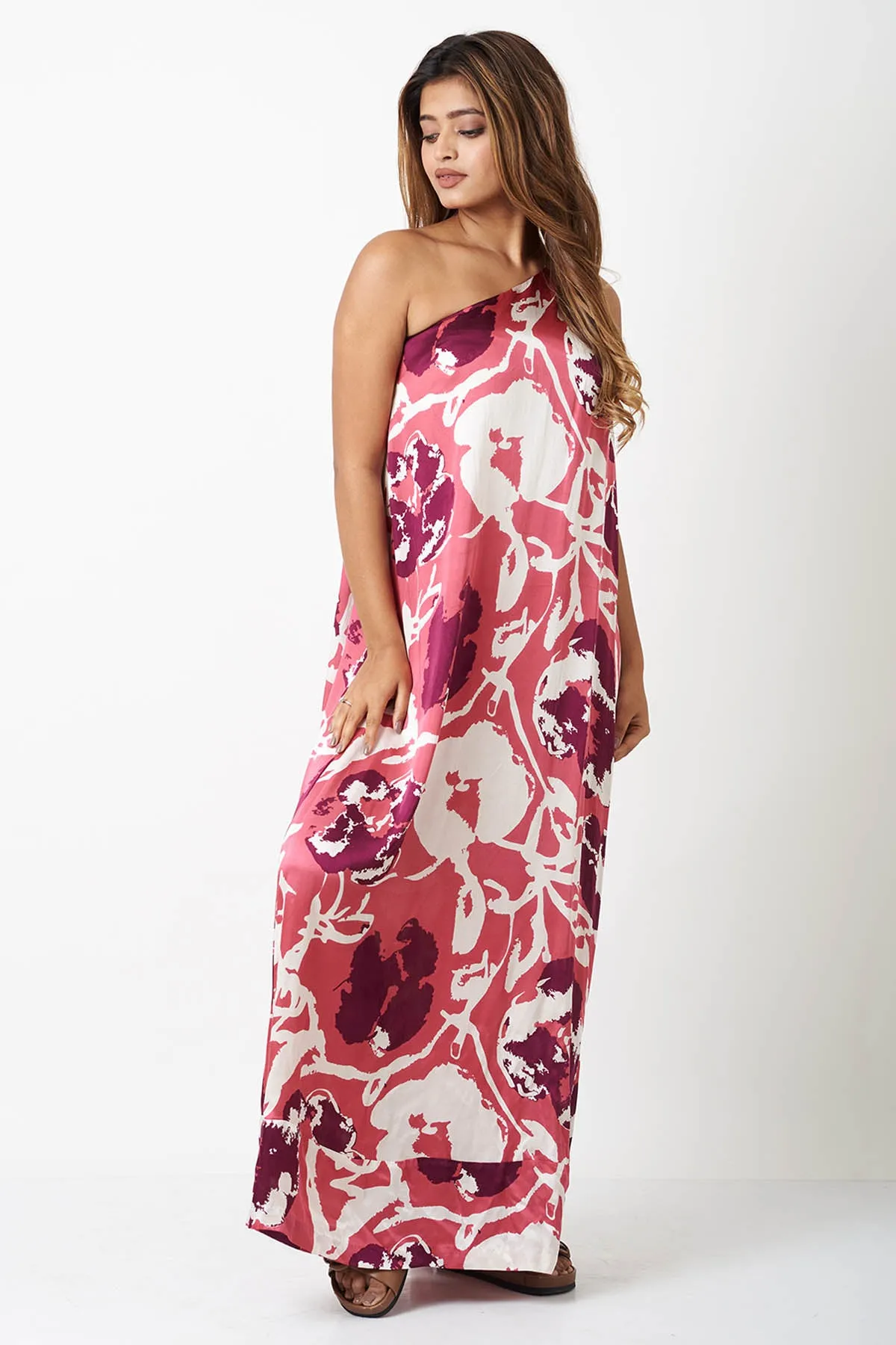 Pink One Shoulder Printed Dress
