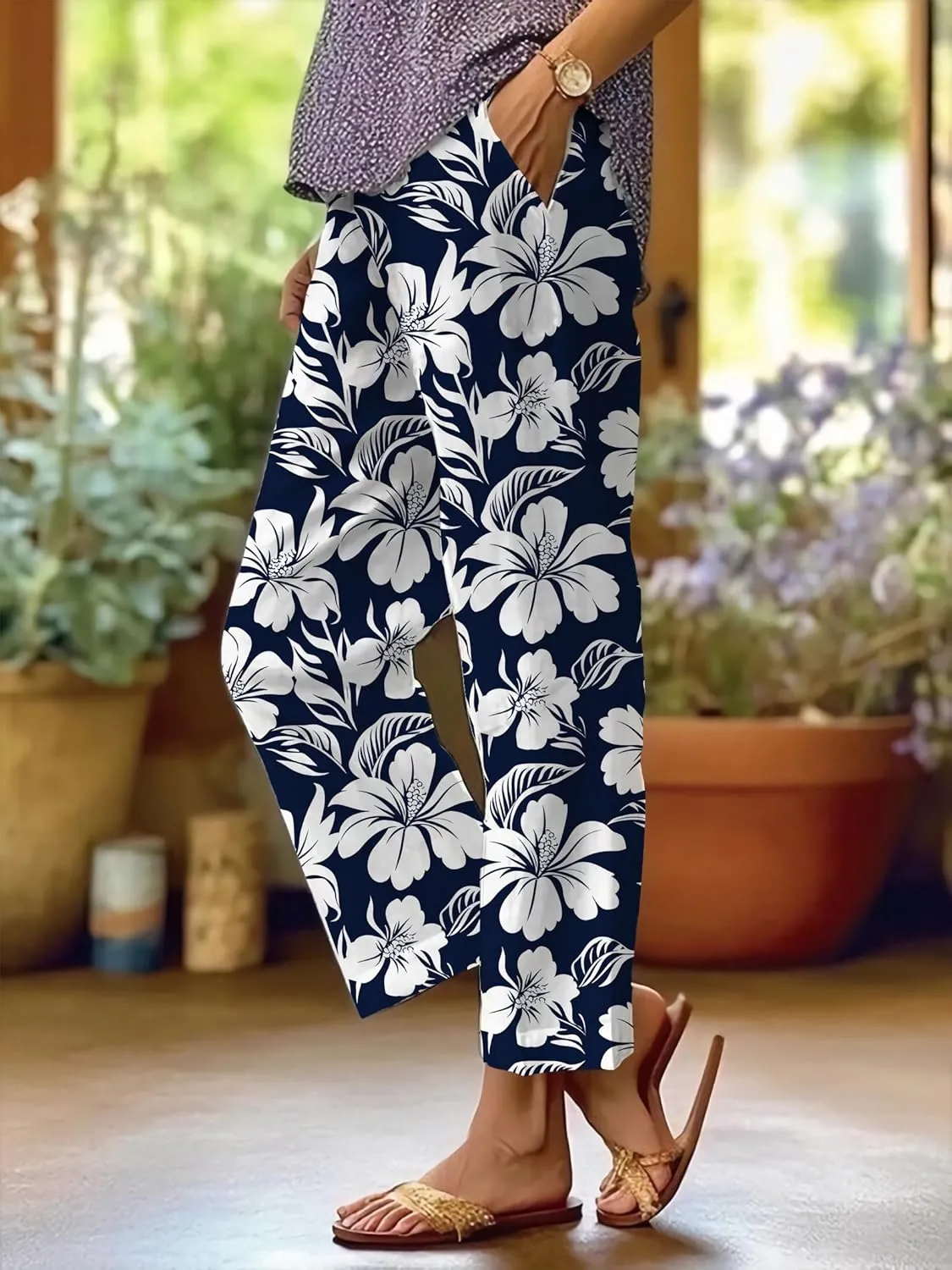 Plus Size Pants for Women Trendy 2025 Lightweight Elastic Waist Breathable Casual Beach Trousers with Pocket