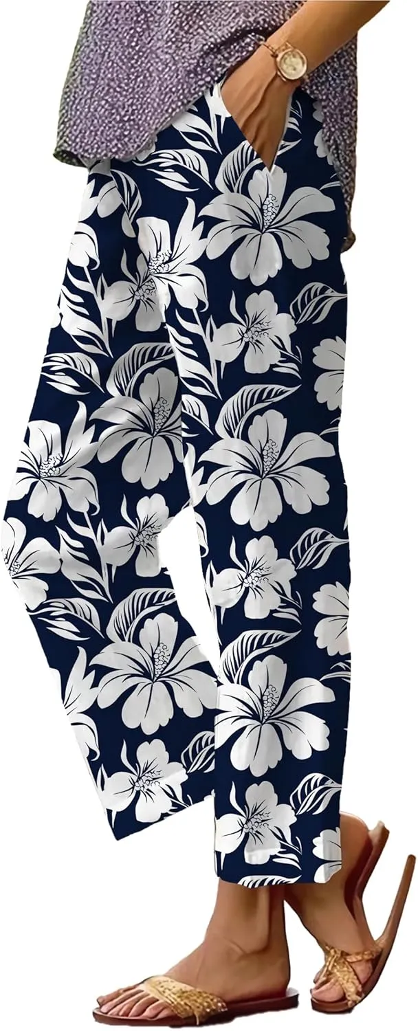 Plus Size Pants for Women Trendy 2025 Lightweight Elastic Waist Breathable Casual Beach Trousers with Pocket