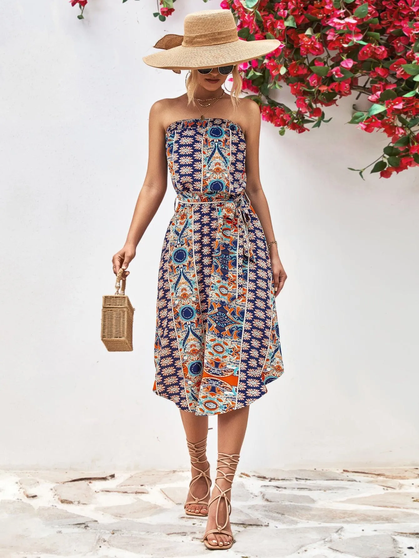 Printed Strapless Tie Belt Dress