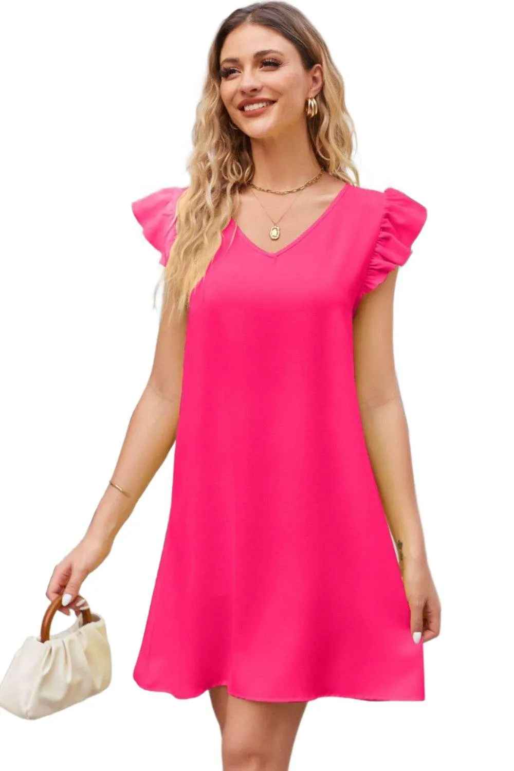 Ruffled V-Neck Flutter Sleeve Dress