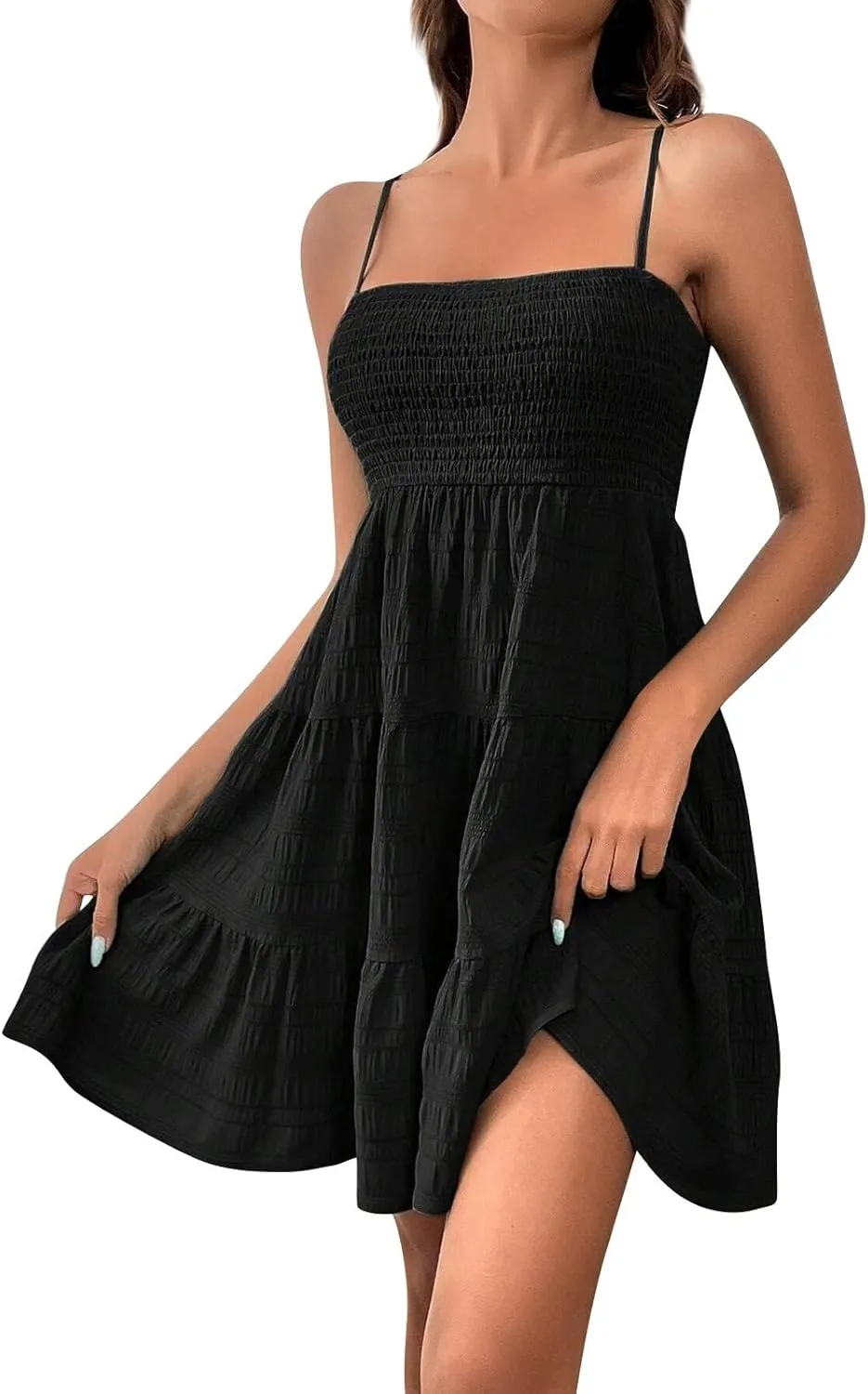 Smocked Tiered Ruffle Sleeveless Women Dinner Dress Spaghetti Strap A-Line Flowy Short Skirt Casual Cute Sundress