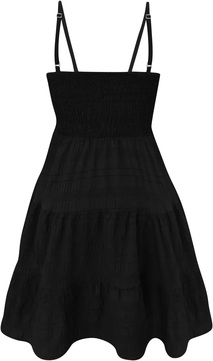 Smocked Tiered Ruffle Sleeveless Women Dinner Dress Spaghetti Strap A-Line Flowy Short Skirt Casual Cute Sundress