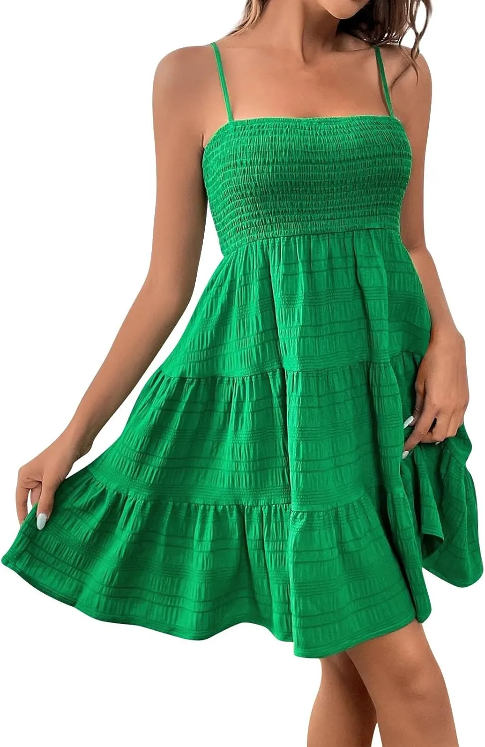 Smocked Tiered Ruffle Sleeveless Women Dinner Dress Spaghetti Strap A-Line Flowy Short Skirt Casual Cute Sundress