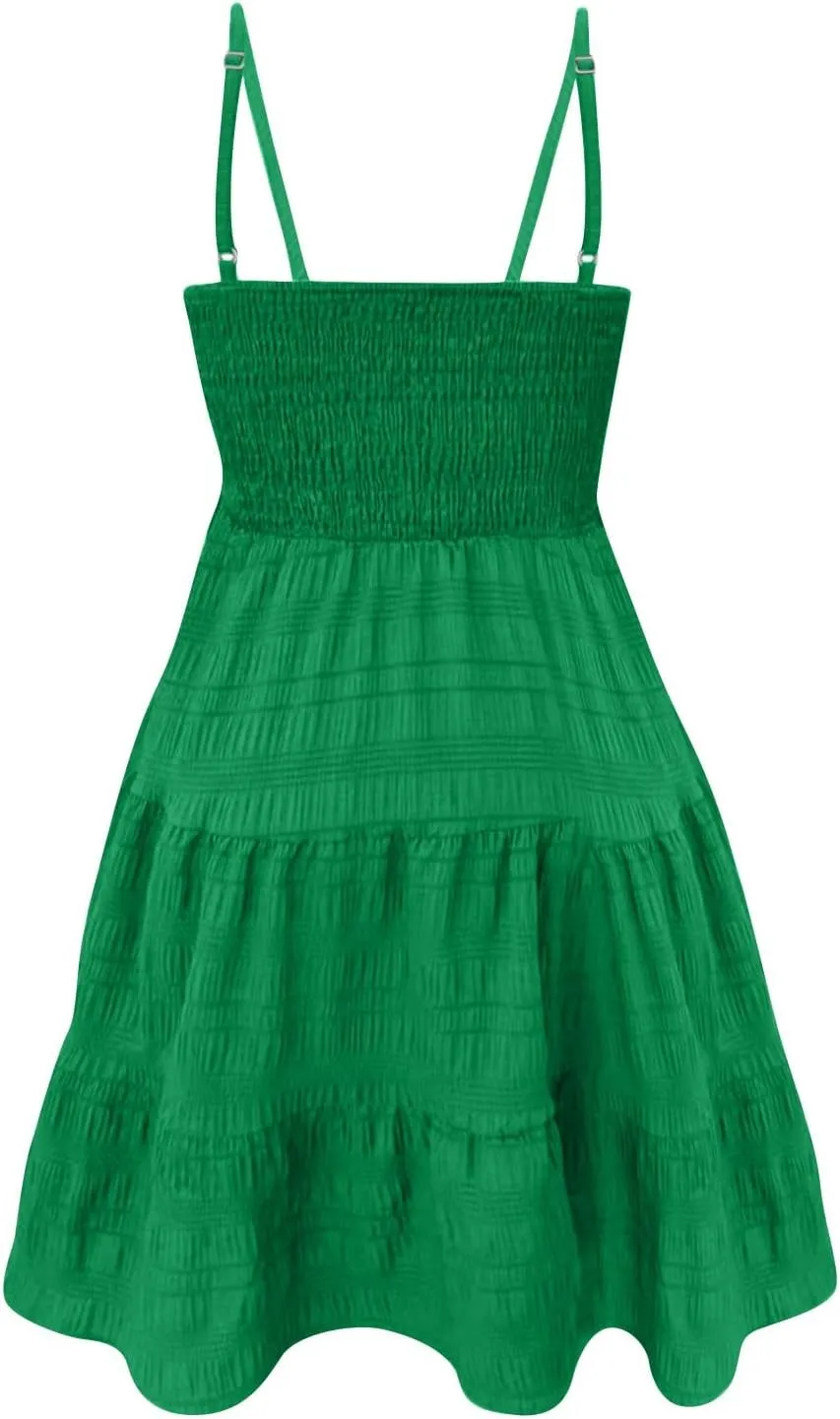 Smocked Tiered Ruffle Sleeveless Women Dinner Dress Spaghetti Strap A-Line Flowy Short Skirt Casual Cute Sundress