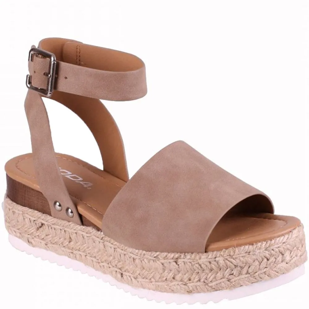 Soda Topic Open Toe Buckle Ankle Strap Espadrilles Flatform Wedge Casual Sandal (6.5, Dark Natural)