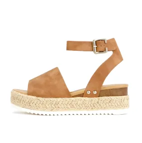Soda Topic Open Toe Buckle Ankle Strap Espadrilles Flatform Wedge Casual Sandal (8.5, Tan)