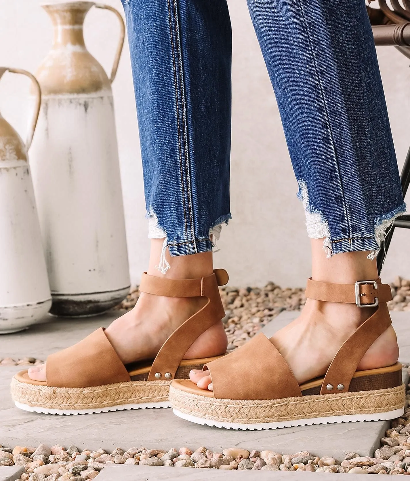 Soda Topic Open Toe Buckle Ankle Strap Espadrilles Flatform Wedge Casual Sandal (8.5, Tan)