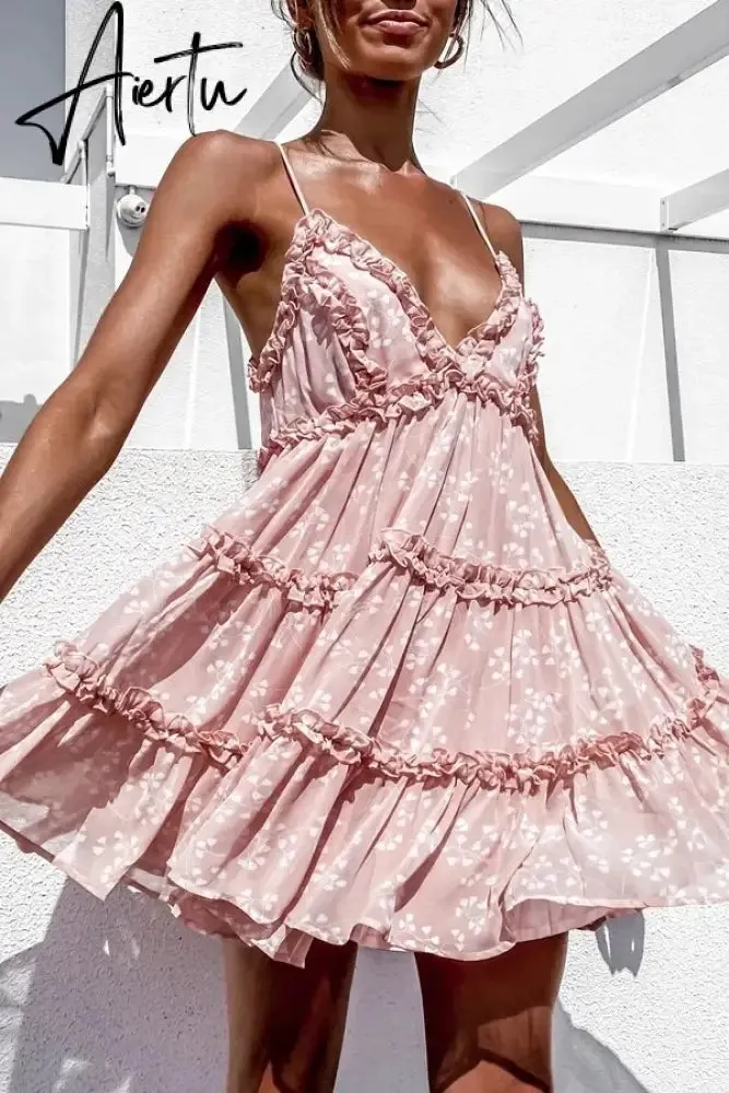 Spaghetti Strap Floral Sundress Women Lace Trim Mini A-Line Dress Summer Prairie Chic Lady Flared Ruffled Short Dress Summer