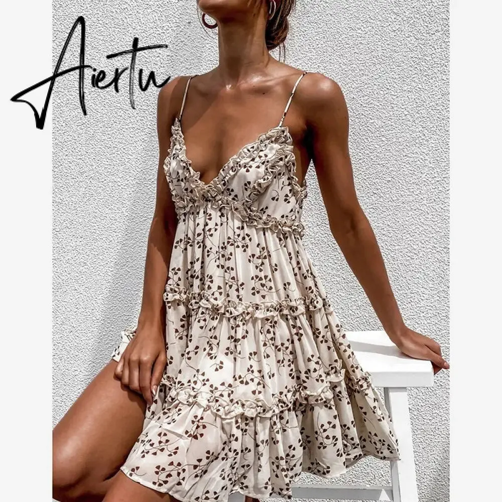 Spaghetti Strap Floral Sundress Women Lace Trim Mini A-Line Dress Summer Prairie Chic Lady Flared Ruffled Short Dress Summer