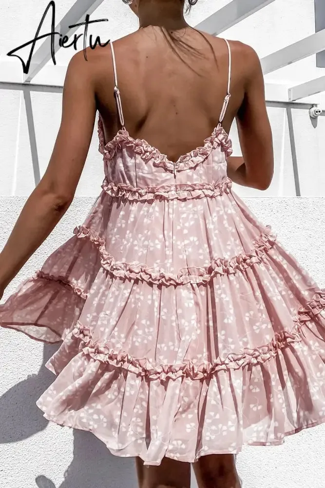Spaghetti Strap Floral Sundress Women Lace Trim Mini A-Line Dress Summer Prairie Chic Lady Flared Ruffled Short Dress Summer