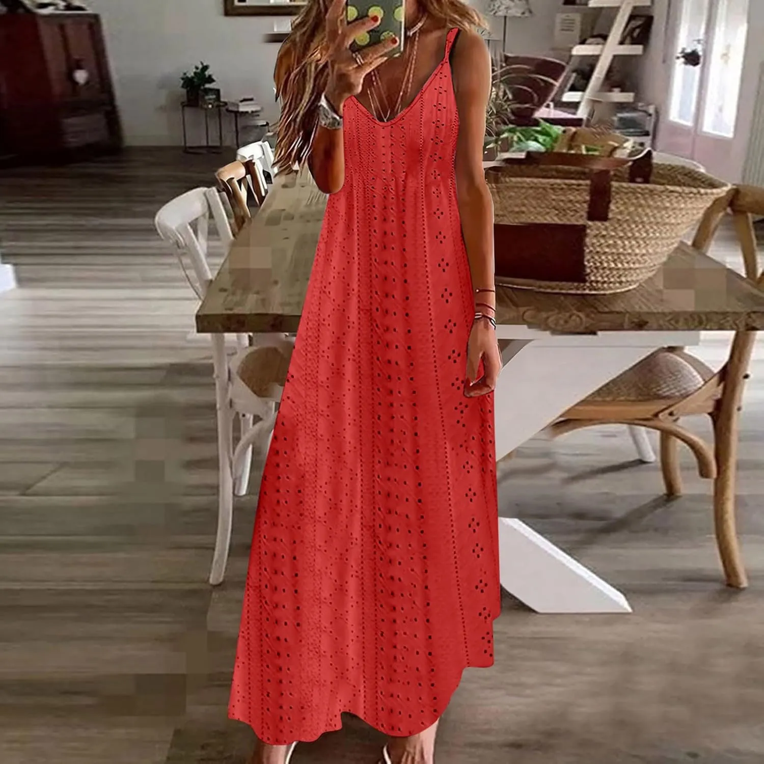 Spring Eyelet Dresses for Women 2025 Spaghetti Strap Maxi Dress Long Summer Sundresses Trendy Beach Vacation Clothing