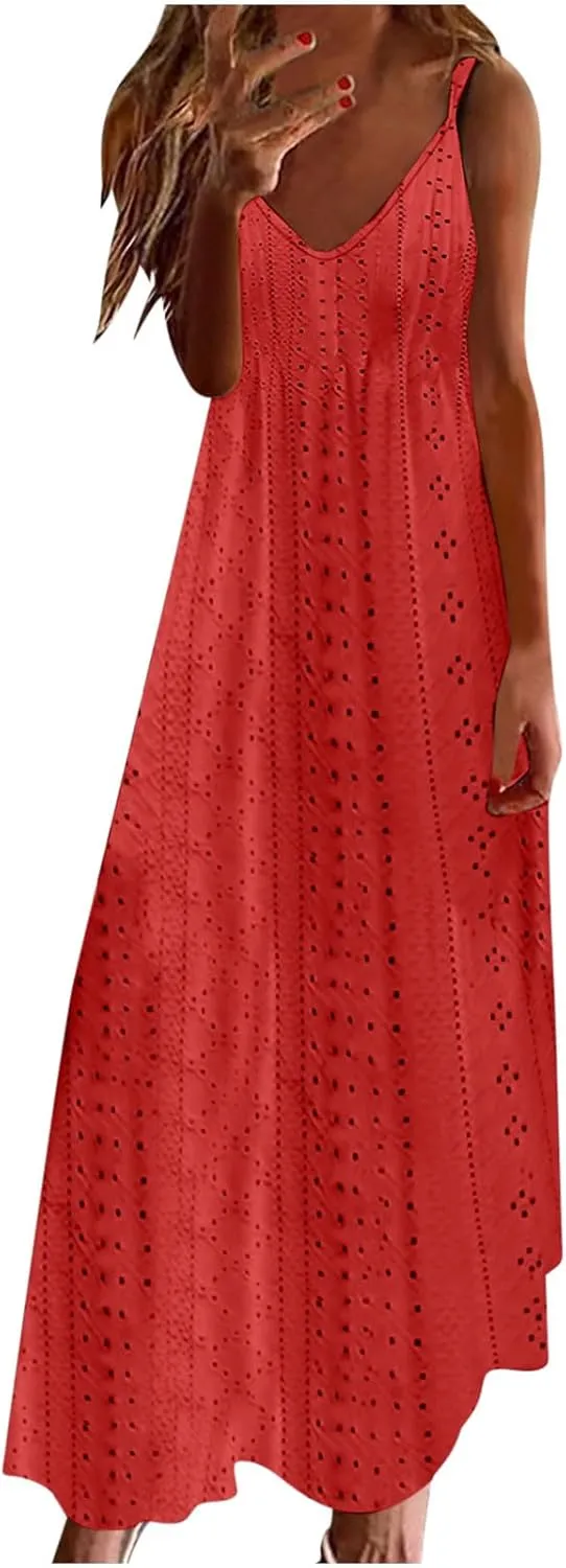 Spring Eyelet Dresses for Women 2025 Spaghetti Strap Maxi Dress Long Summer Sundresses Trendy Beach Vacation Clothing