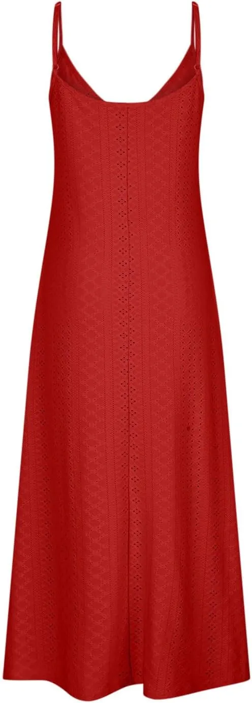 Spring Eyelet Dresses for Women 2025 Spaghetti Strap Maxi Dress Long Summer Sundresses Trendy Beach Vacation Clothing