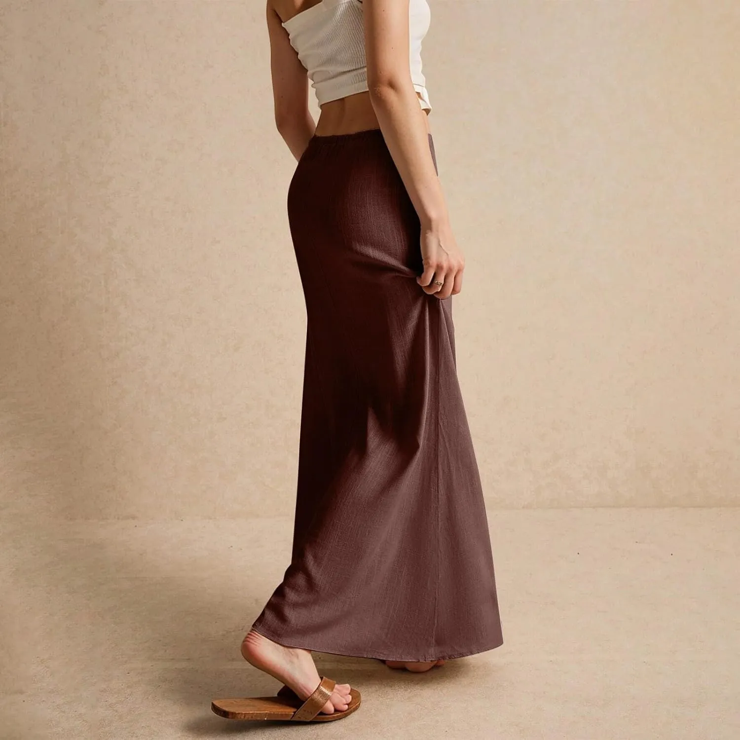 Spring Skirts for Women 2025 Loose Casual Trendy Solid Color Drawstring Beach Vacation Maxi Linen Skirt, S-2XL