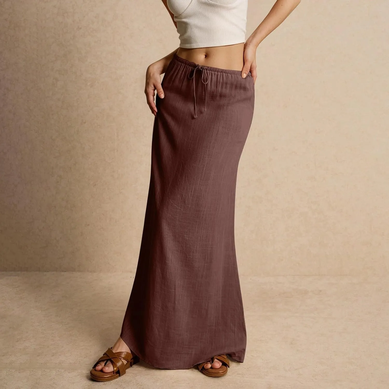 Spring Skirts for Women 2025 Loose Casual Trendy Solid Color Drawstring Beach Vacation Maxi Linen Skirt, S-2XL