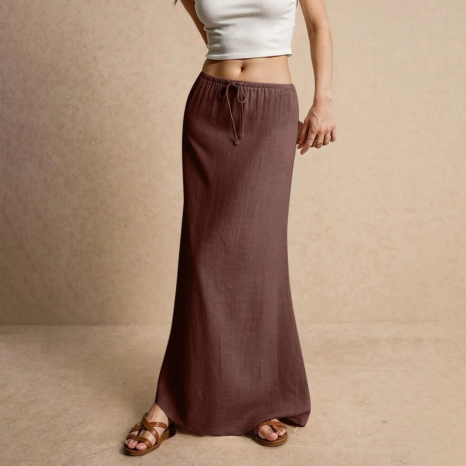 Spring Skirts for Women 2025 Loose Casual Trendy Solid Color Drawstring Beach Vacation Maxi Linen Skirt, S-2XL