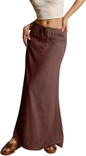 Spring Skirts for Women 2025 Loose Casual Trendy Solid Color Drawstring Beach Vacation Maxi Linen Skirt, S-2XL