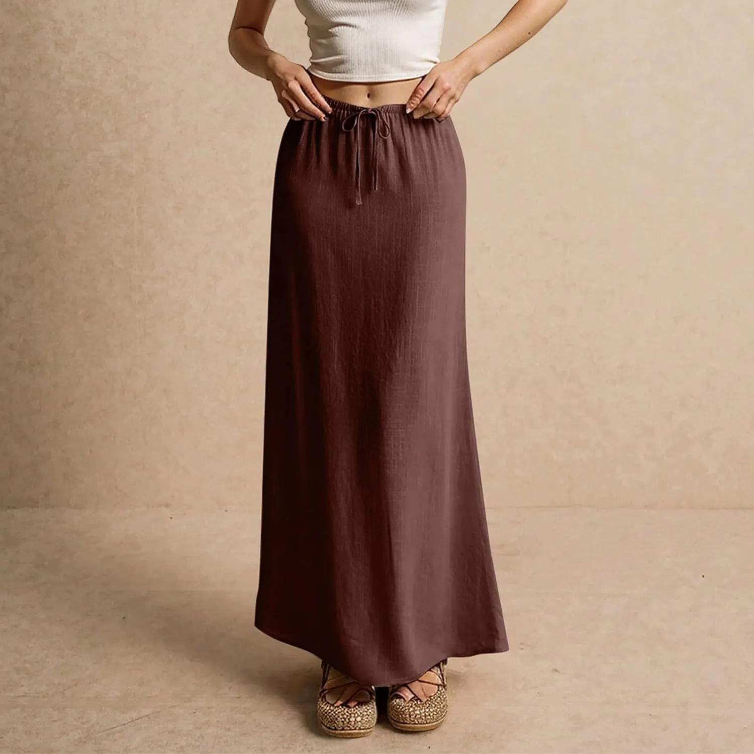 Spring Skirts for Women 2025 Loose Casual Trendy Solid Color Drawstring Beach Vacation Maxi Linen Skirt, S-2XL