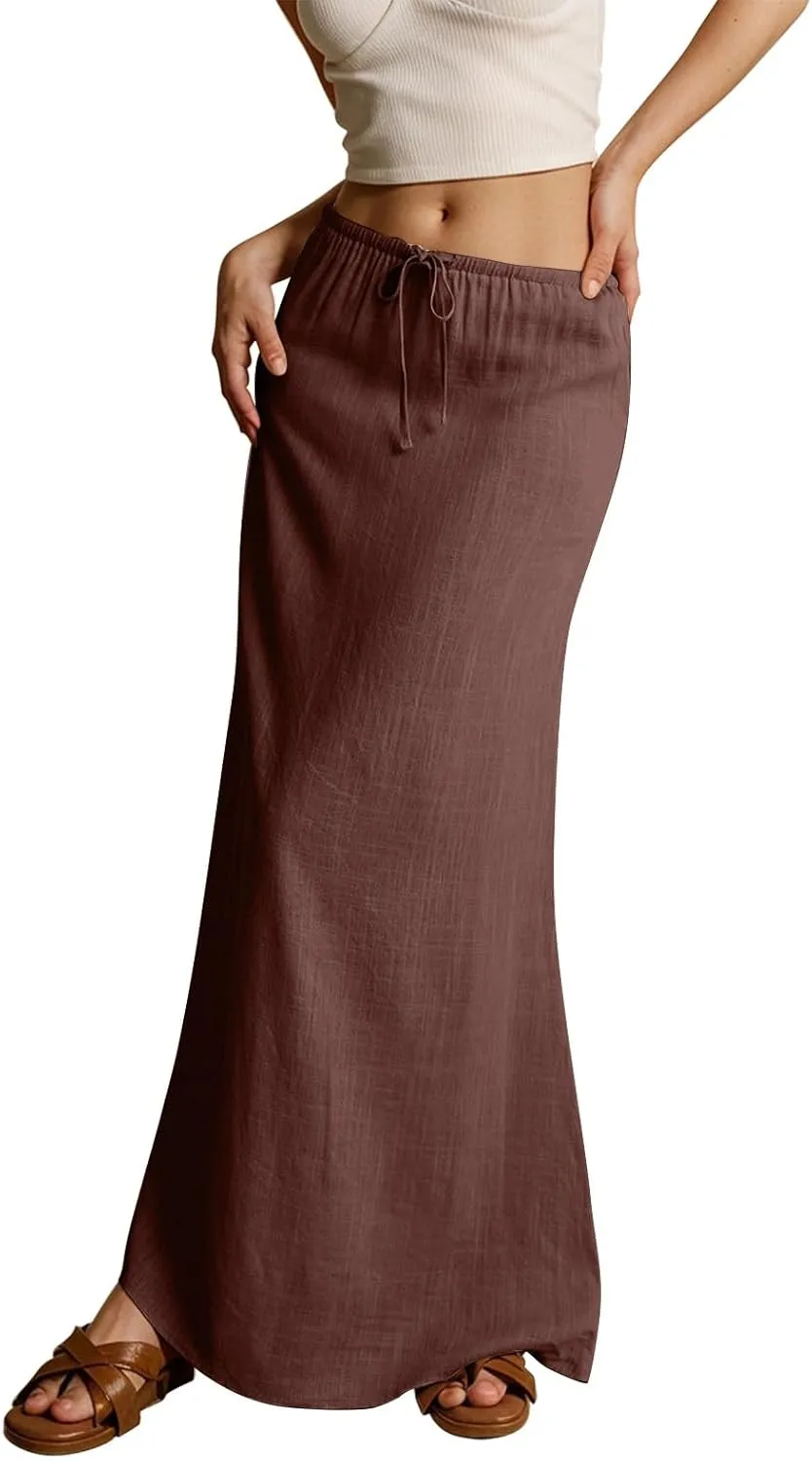 Spring Skirts for Women 2025 Loose Casual Trendy Solid Color Drawstring Beach Vacation Maxi Linen Skirt, S-2XL