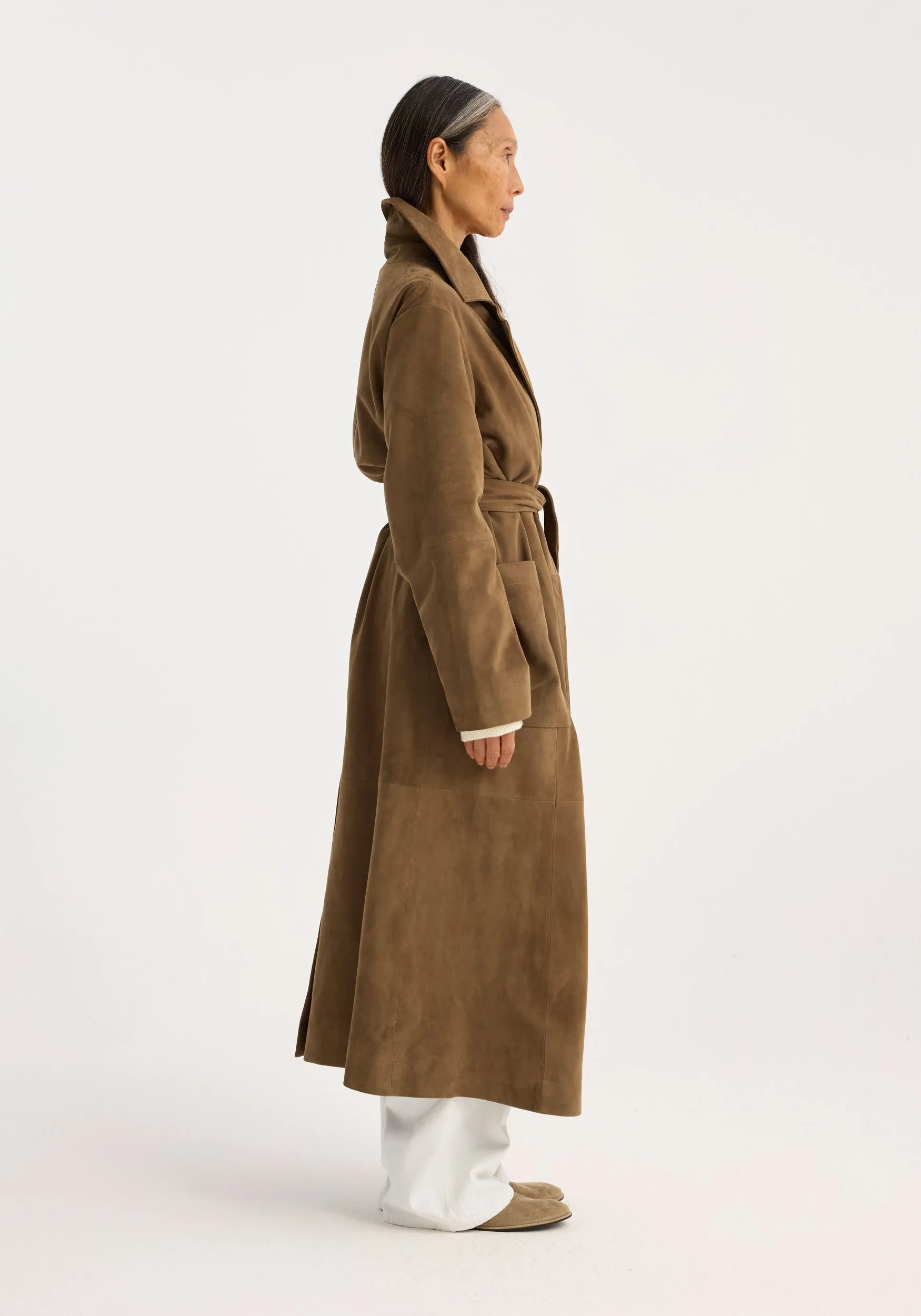 Suede belted wrap coat | light khaki