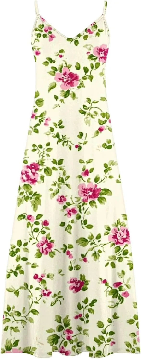 Summer Dresses for Women Boho Floral Graphic Print Sundresses Sleeveless Casual Trendy Flowy Maxi Dresses