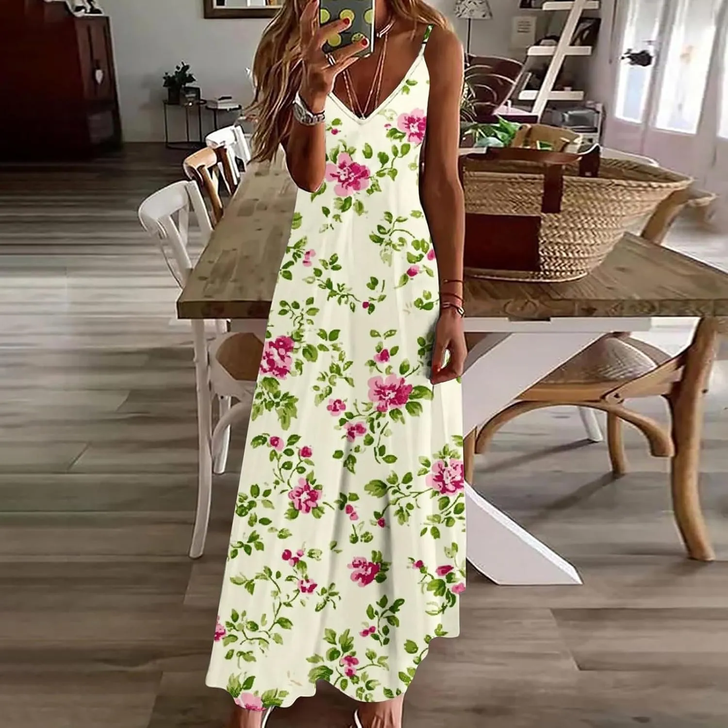Summer Dresses for Women Boho Floral Graphic Print Sundresses Sleeveless Casual Trendy Flowy Maxi Dresses