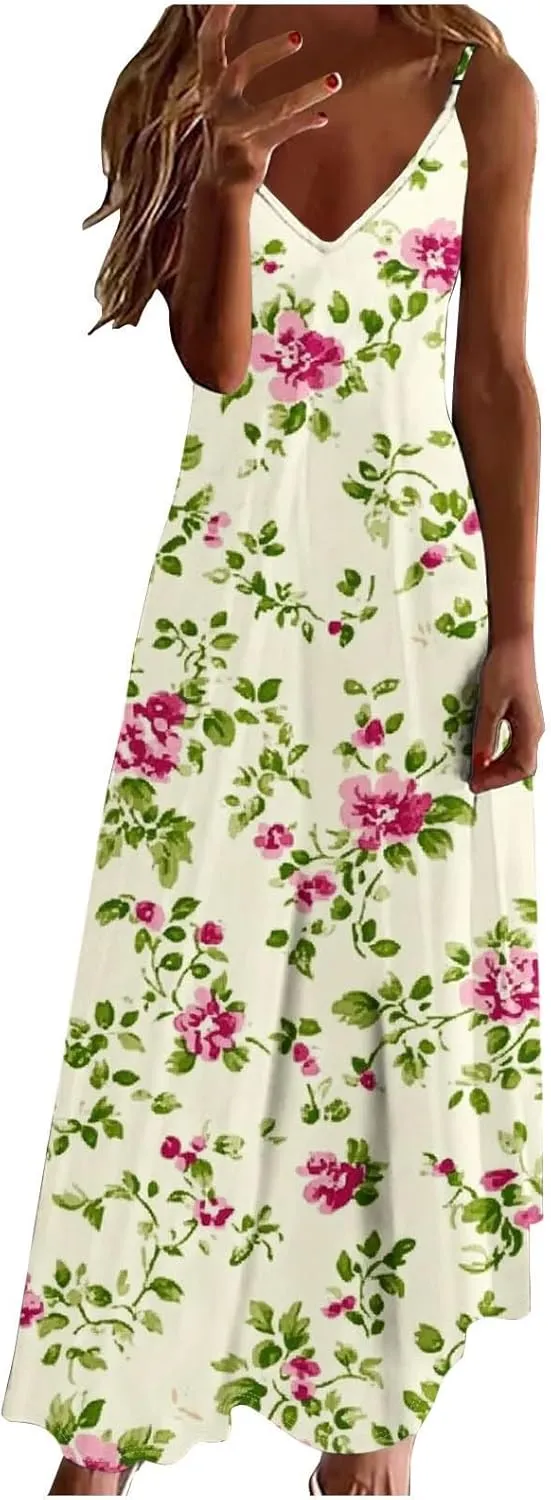Summer Dresses for Women Boho Floral Graphic Print Sundresses Sleeveless Casual Trendy Flowy Maxi Dresses