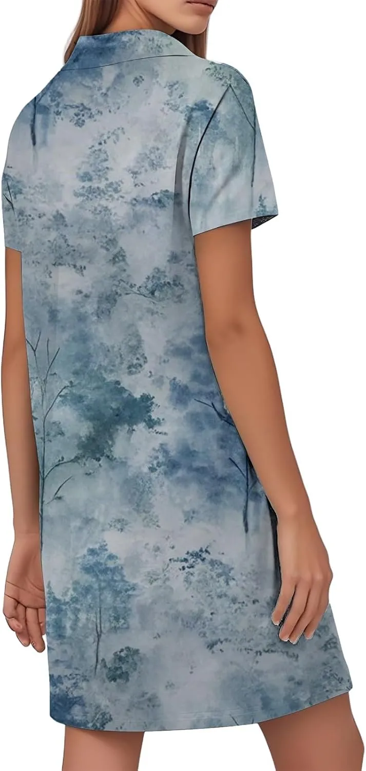 Summer Dresses for Women Casual Short Sleeve Lapel V-Neck Tshirt Dress Chic Collared Boho Floral Beach Sundress