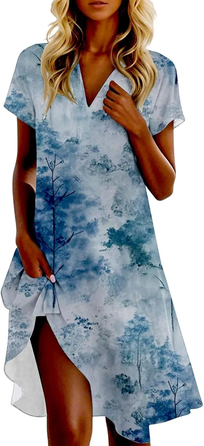 Summer Dresses for Women Casual Short Sleeve Lapel V-Neck Tshirt Dress Chic Collared Boho Floral Beach Sundress
